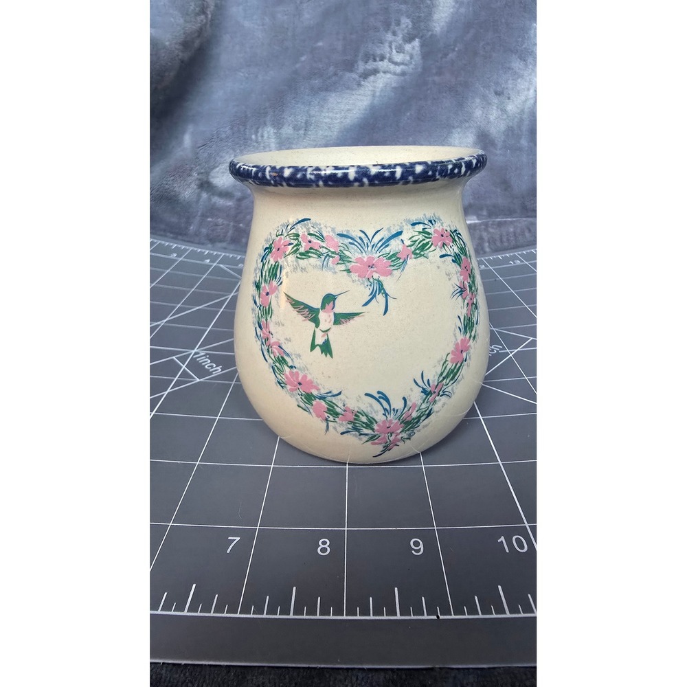 Vintage Home & Garden Party Floral Heart Stoneware Pottery Blue Spongeware Rim
